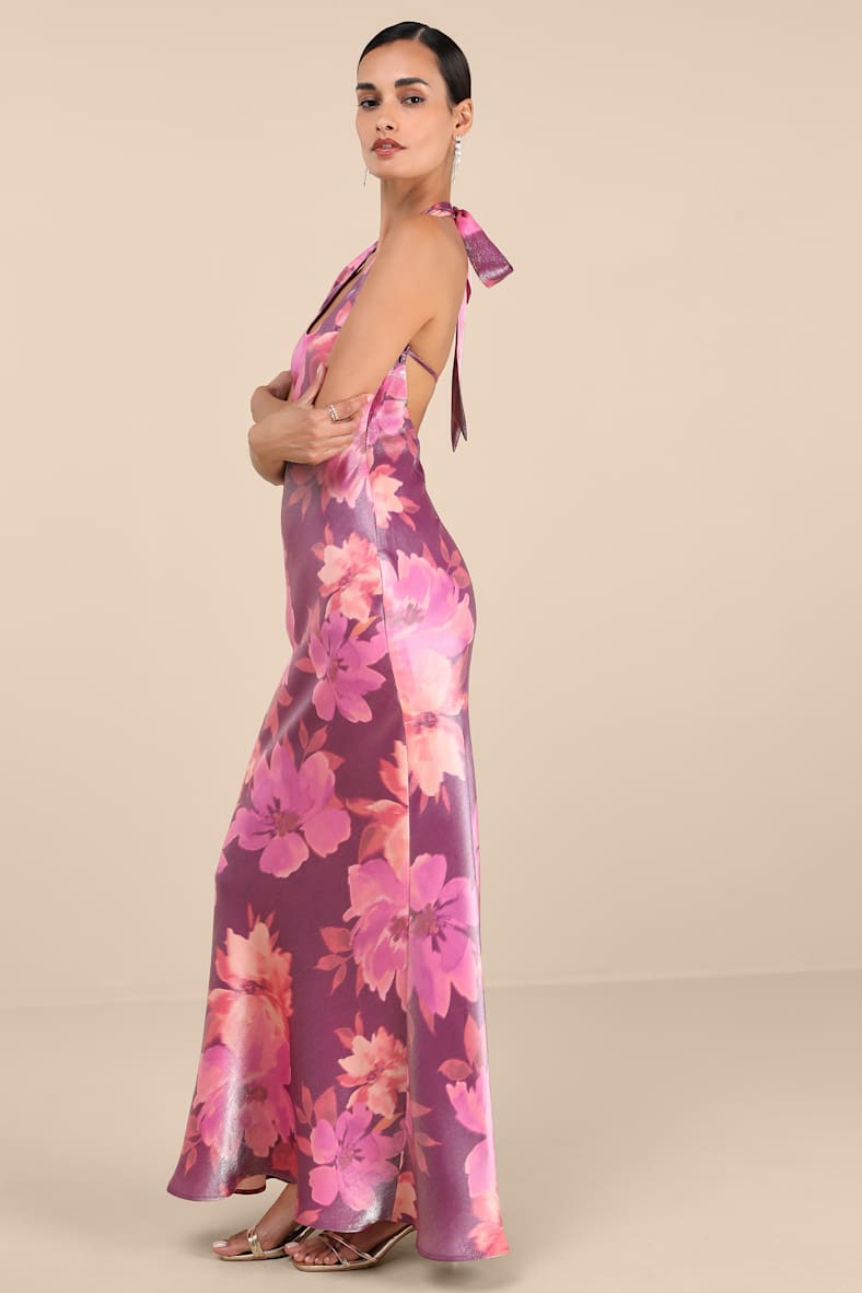 Lashay Purple and Pink Floral Satin Halter Mermaid Maxi Dress
