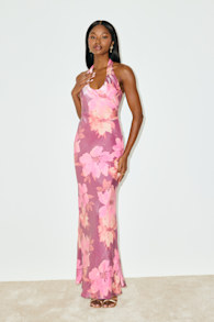 Lashay Purple and Pink Floral Satin Halter Mermaid Maxi Dress 2