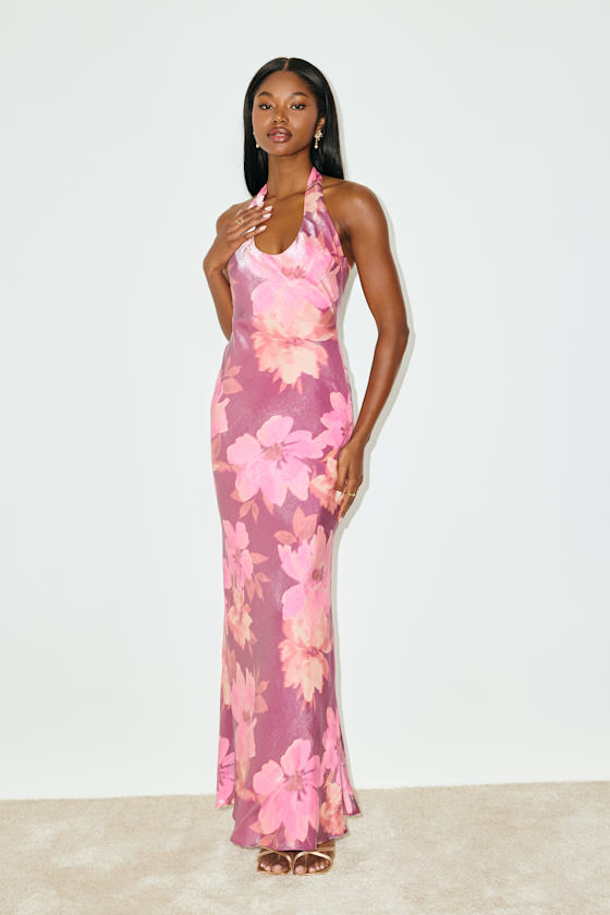 Lashay Purple and Pink Floral Satin Halter Mermaid Maxi Dress 2