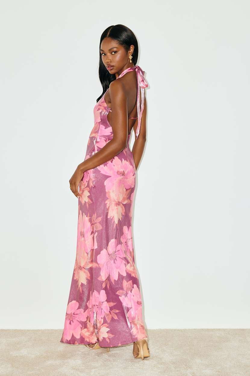 purple and pink maxi dress Purple and Pink Floral Satin Halter Mermaid Maxi Dress | Womens | X-Large (Available in XS, S, M, L) | 100% Polyester