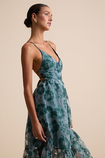 Feeling Like Forever Teal Jacquard Organza Lace-Up Midi Dress 1