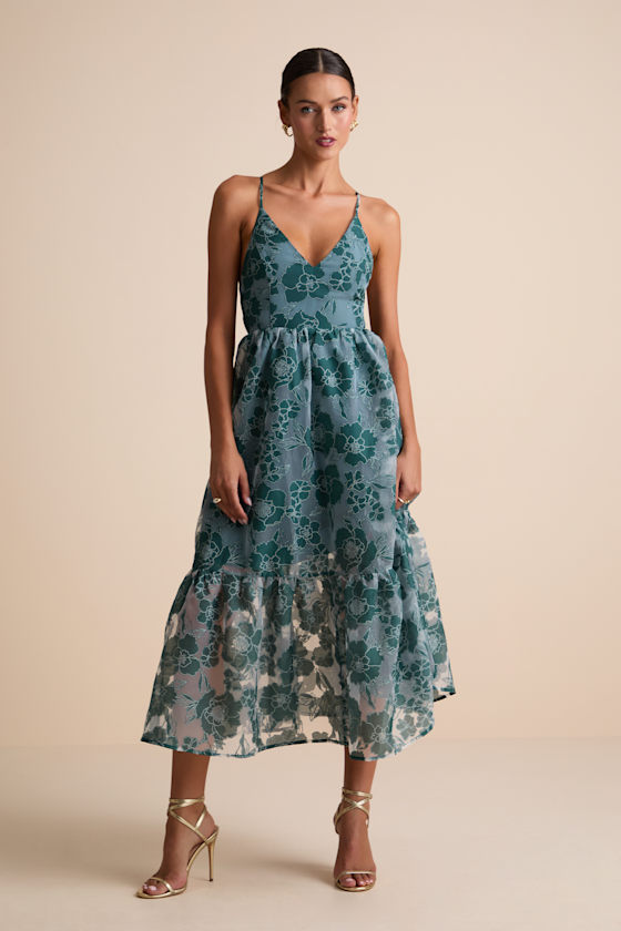 Feeling Like Forever Teal Jacquard Organza Lace-Up Midi Dress 2