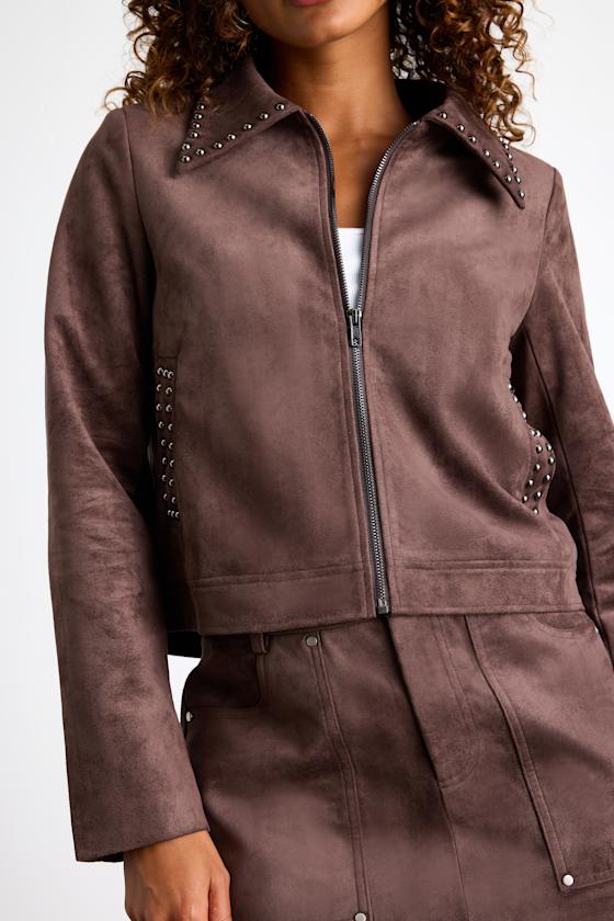 Chocolate Brown Boxy Jacket - Suede Jacket - Studded Jacket - Lulus