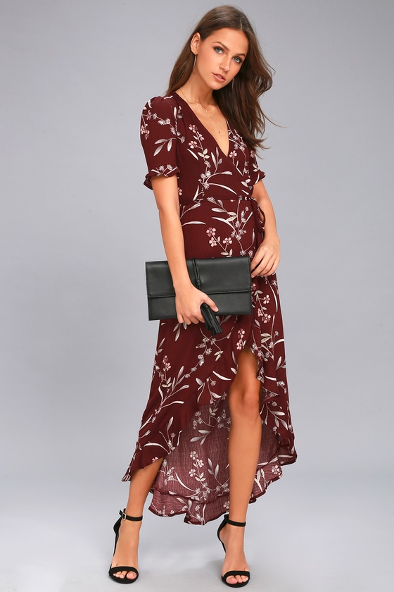 Burgundy Floral Print Dress - High-Low 