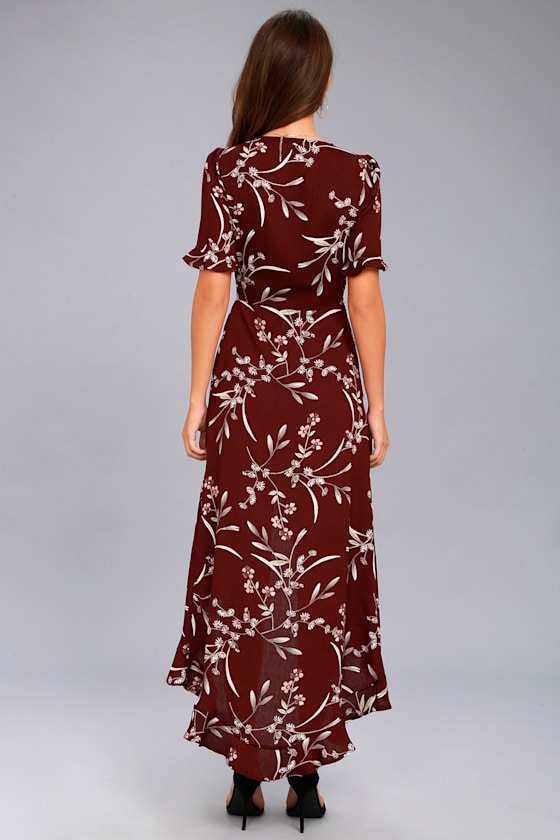 Burgundy Floral Print Dress HighLow Dress Wrap Dress