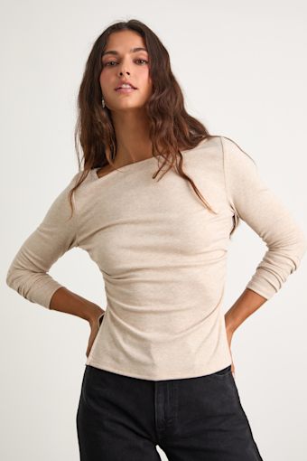 Mehra Heathered Beige Boat Neck Side Slit Long Sleeve Top 1