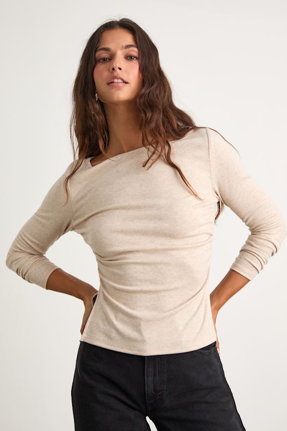 Mehra Heathered Beige Boat Neck Side Slit Long Sleeve Top 1