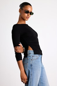 Mehra Boat Neck Side Slit Long Sleeve Top 1