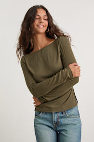 Mehra Olive Green Boat Neck Side Slit Long Sleeve Top 6