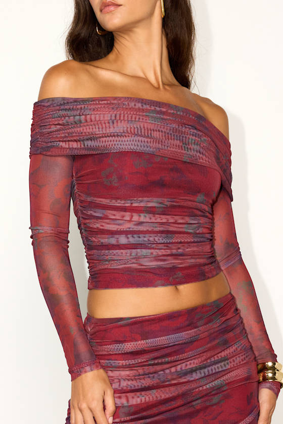 Lani Red Multi Floral Mesh Off-the-Shoulder Top 2