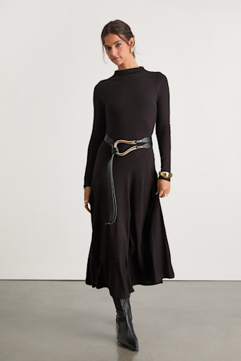 Corinne Black Jersey Knit Mock Neck Midi Dress 1