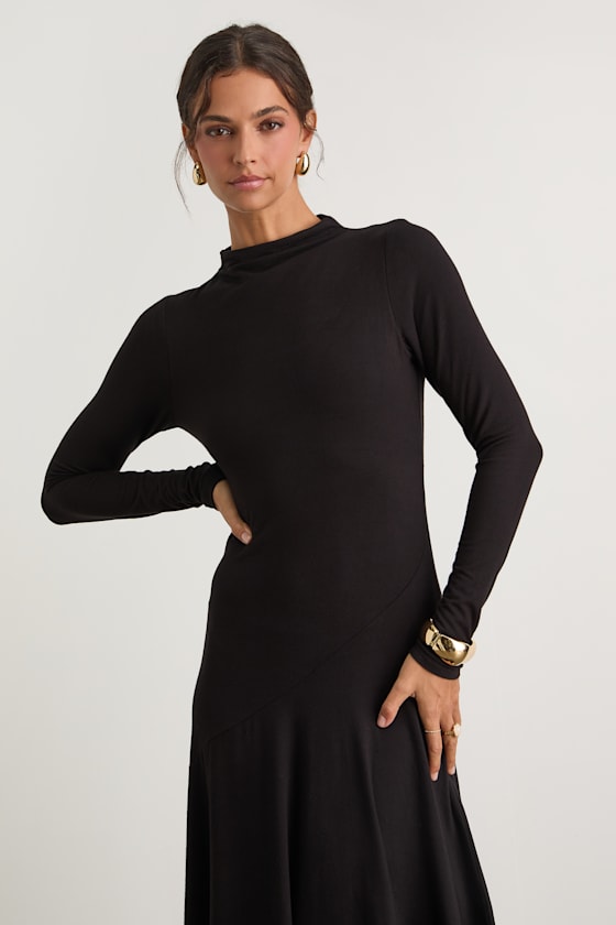 Corinne Black Jersey Knit Mock Neck Midi Dress 2
