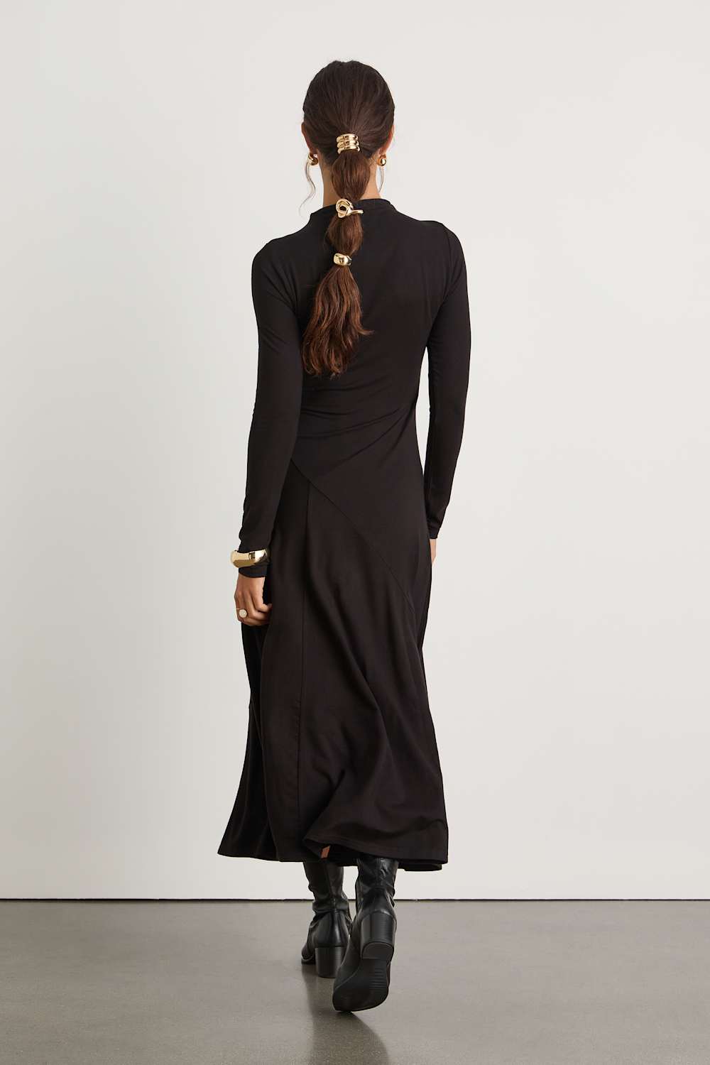 Corinne Black Jersey Knit Mock Neck Midi Dress