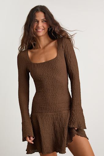 Radleigh Brown Textured Long Sleeve Drop Waist Mini Dress 1