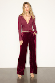 Tuley Dark Red Crushed Velvet Wide-Leg Pants 1