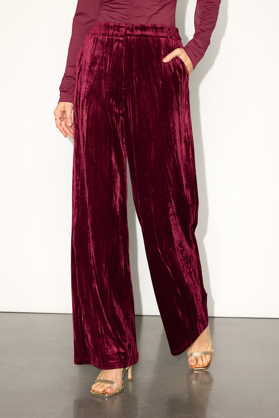 Tuley Dark Red Crushed Velvet Wide-Leg Pants 2