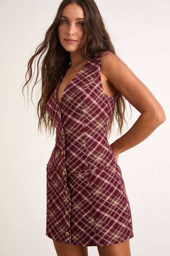 Kala Burgundy Plaid Button-Front Mini Dress 1
