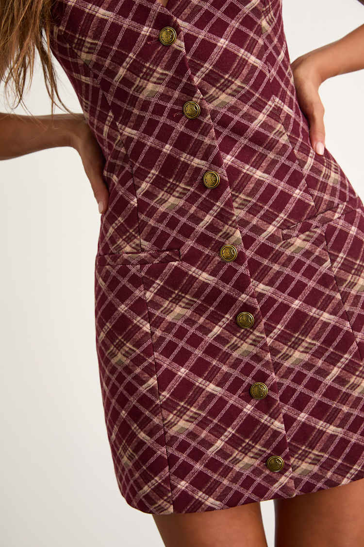 princess polly baby blue dress Lulus | Burgundy Plaid Button-Front Mini Dress | Womens | Small (Available in Xs)