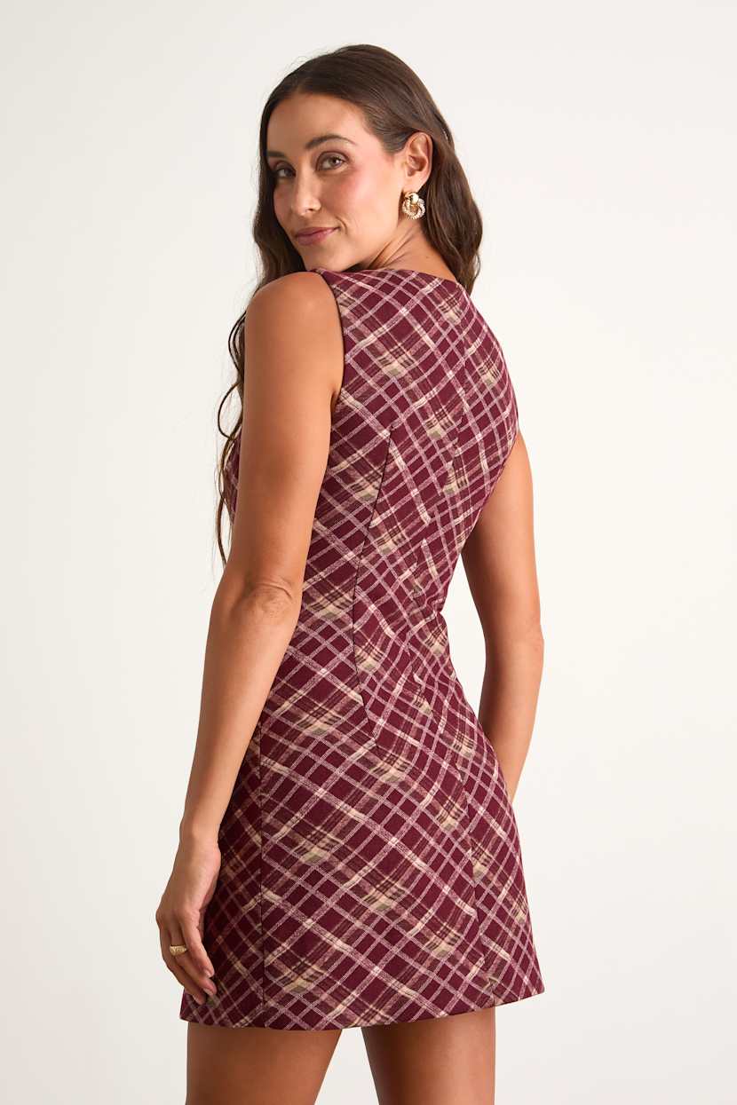 Lulus | Burgundy Plaid Button-Front Mini Dress | Womens | Small (Available in Xs) | Polyester/Spandex/Viscose