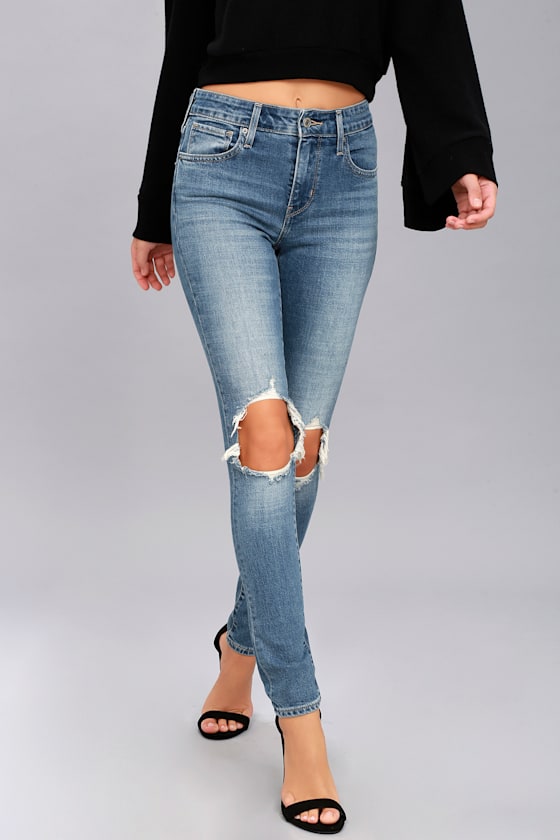 Levi's 721 High Rise Skinny Medium Wash Distressed Jeans 2