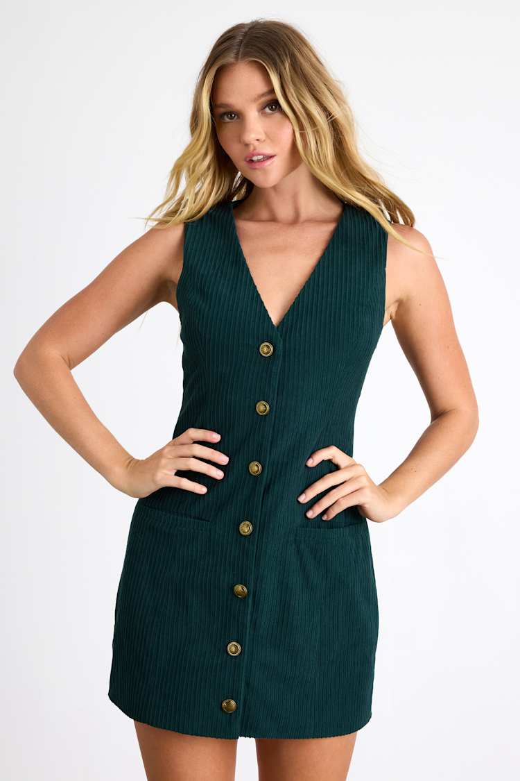 dark green corduroy dress Loft Corduroy Seamed Belted Midi Pocket Dress Size 0 Valiant Green Women's