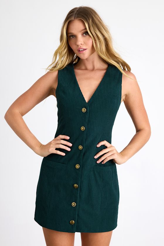 Kala Dark Green Corduroy Button-Front Mini Dress 1