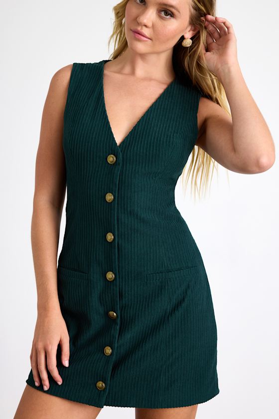 Kala Dark Green Corduroy Button-Front Mini Dress 2