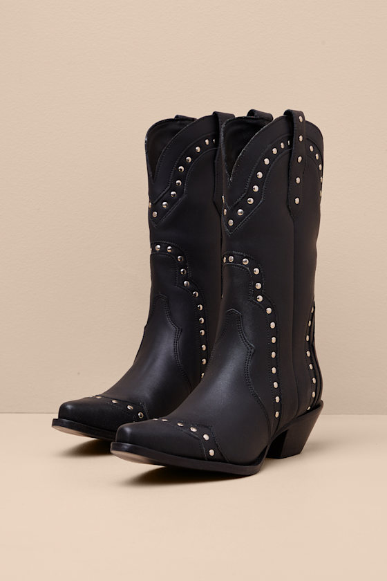 Sweet Treat Black Leather Studded Mid-Calf Western Boots 1