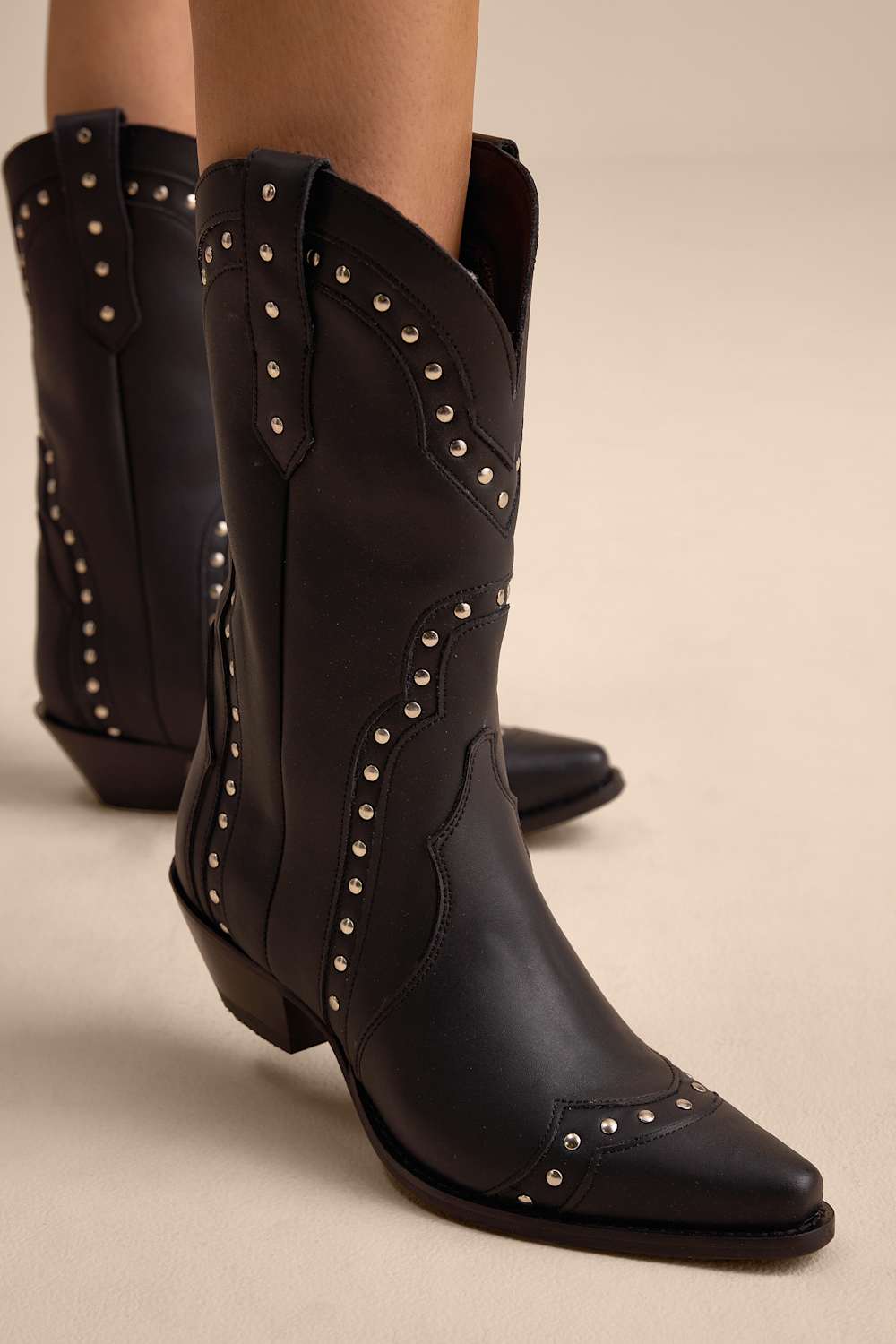 Sweet Treat Black Leather Studded Mid-Calf Western Boots