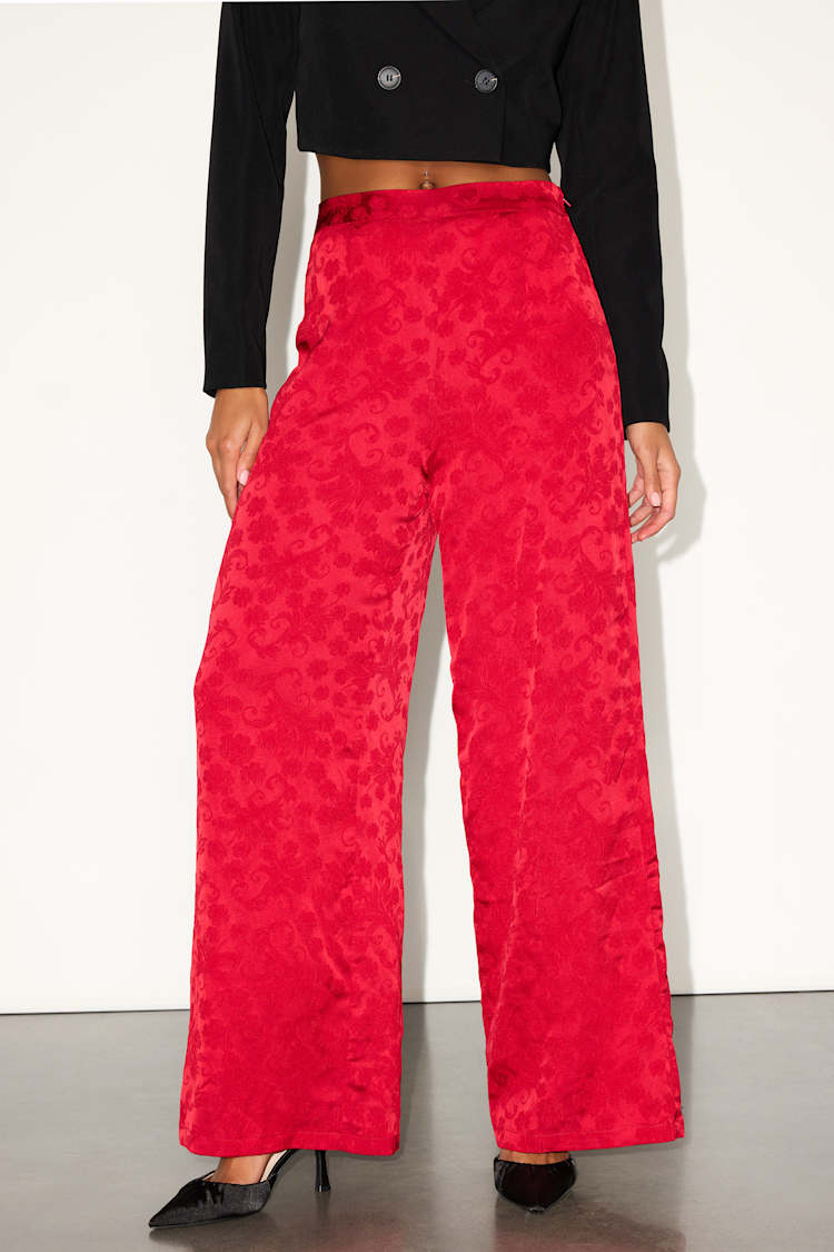 Daphne Red Satin Jacquard Wide-Leg Pants