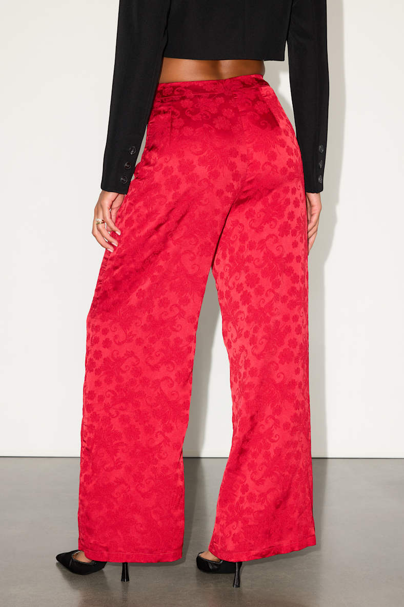 Daphne Red Satin Jacquard Wide-Leg Pants