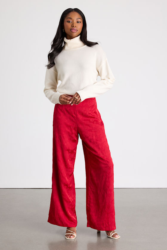 Daphne Red Satin Jacquard Wide-Leg Pants