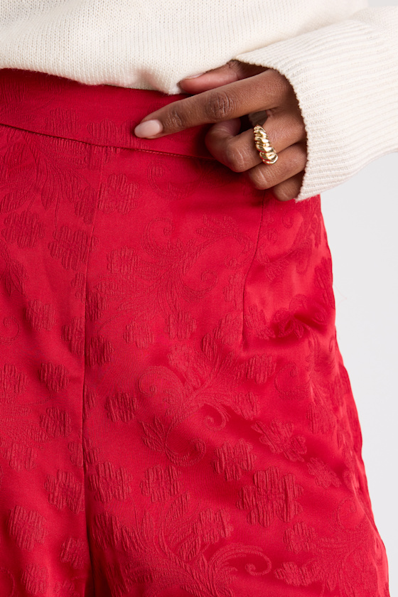 Daphne Red Satin Jacquard Wide-Leg Pants 2