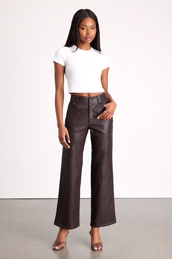 Zyren Dark Brown Vegan Leather Mid-Rise Straight Leg Pants 2