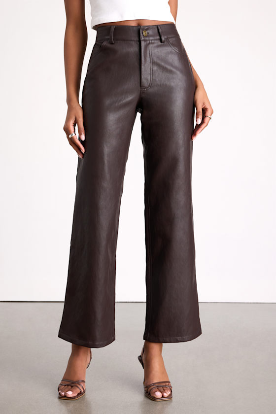 Zyren Dark Brown Vegan Leather Mid-Rise Straight Leg Pants 3