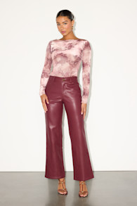 Zyren Burgundy Vegan Leather Mid-Rise Straight Leg Pants 1