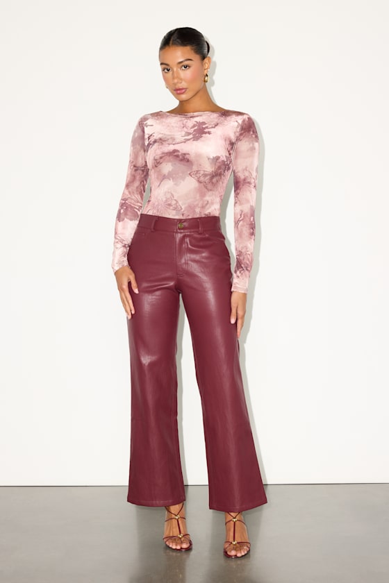 Zyren Burgundy Vegan Leather Mid-Rise Straight Leg Pants 1