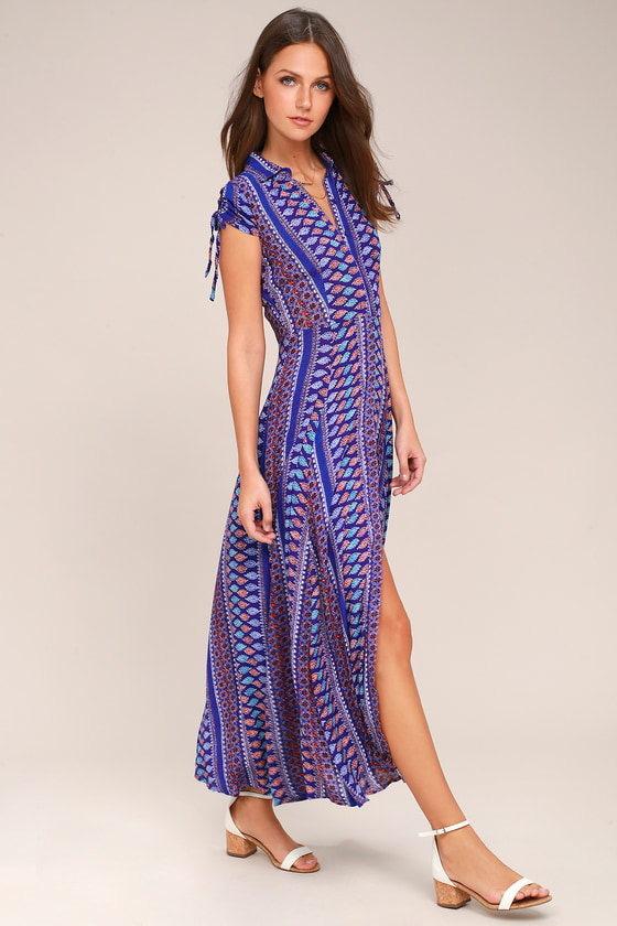 Boho Dress - Midi Dress - Blue Print Dress - $64.00