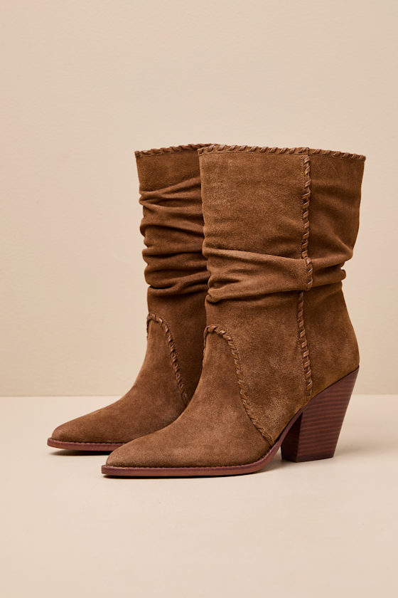 Julith Light Brown Suede Stitched Slouchy Mid-Calf Boots 1