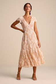 Rohanna Ivory and Blush Lace Short Sleeve Tiered Midi Dress 1
