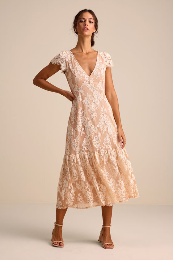 Rohanna Ivory and Blush Lace Short Sleeve Tiered Midi Dress 1