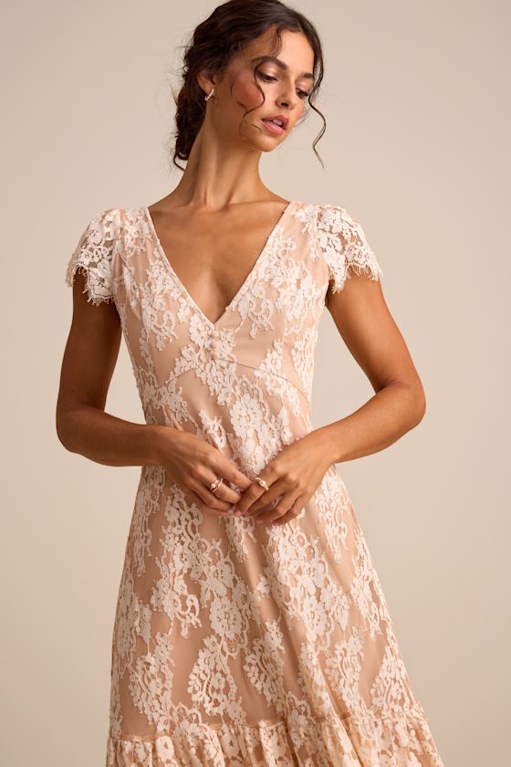 Ivory & Blush Lace Dress - Short Sleeve Dress - Tiered Midi Dress - Image 2
