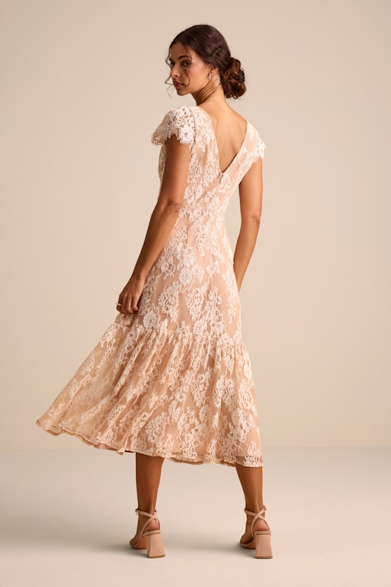 Ivory & Blush Lace Dress - Short Sleeve Dress - Tiered Midi Dress - Image 3