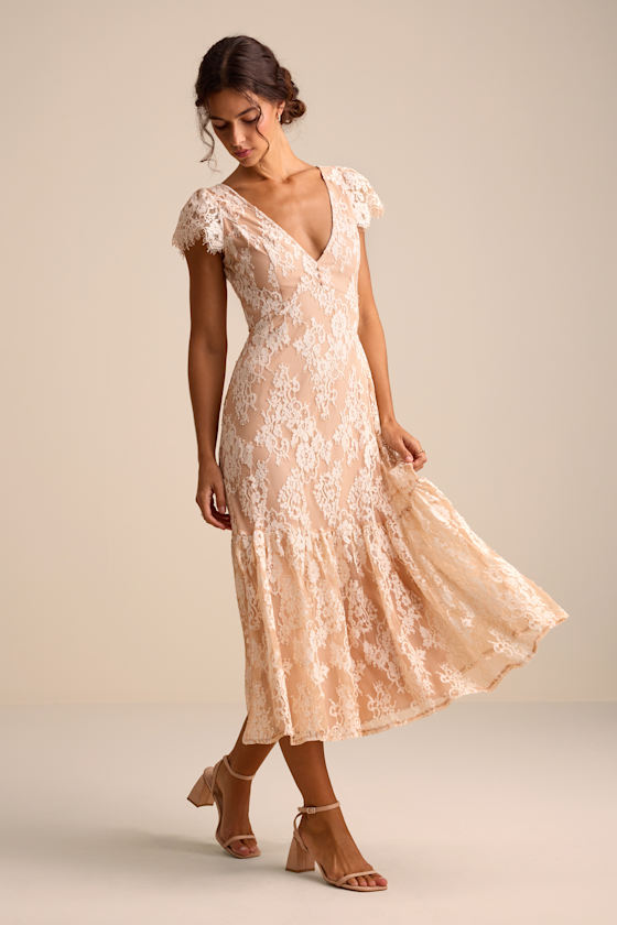 Ivory & Blush Lace Dress - Short Sleeve Dress - Tiered Midi Dress - Image 4