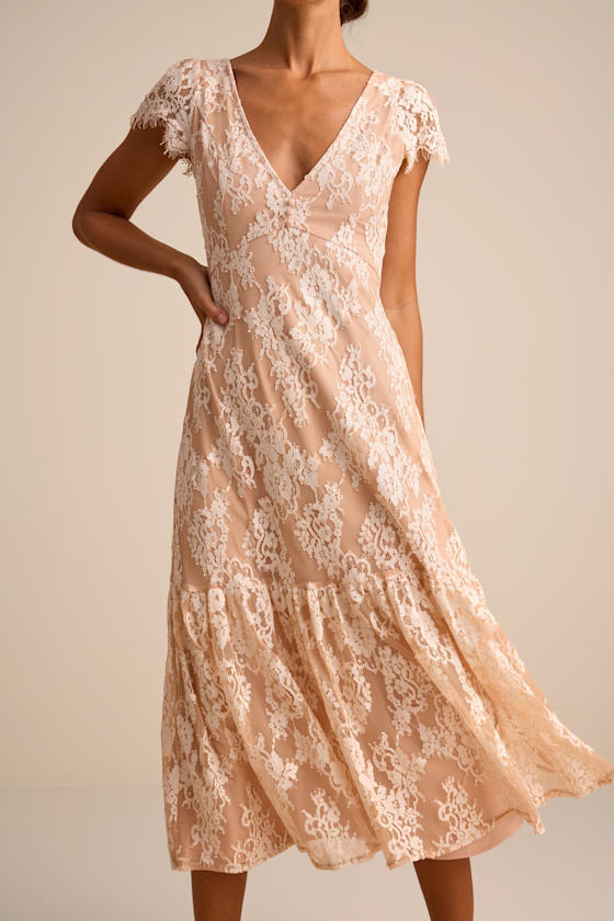 Ivory & Blush Lace Dress - Short Sleeve Dress - Tiered Midi Dress - Image 5