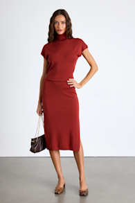 Ashford Rust Red Turtleneck Short Sleeve Sweater Midi Dress 1