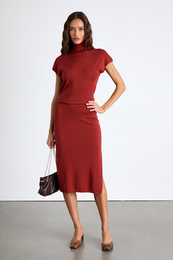 Ashford Rust Red Turtleneck Short Sleeve Sweater Midi Dress 1