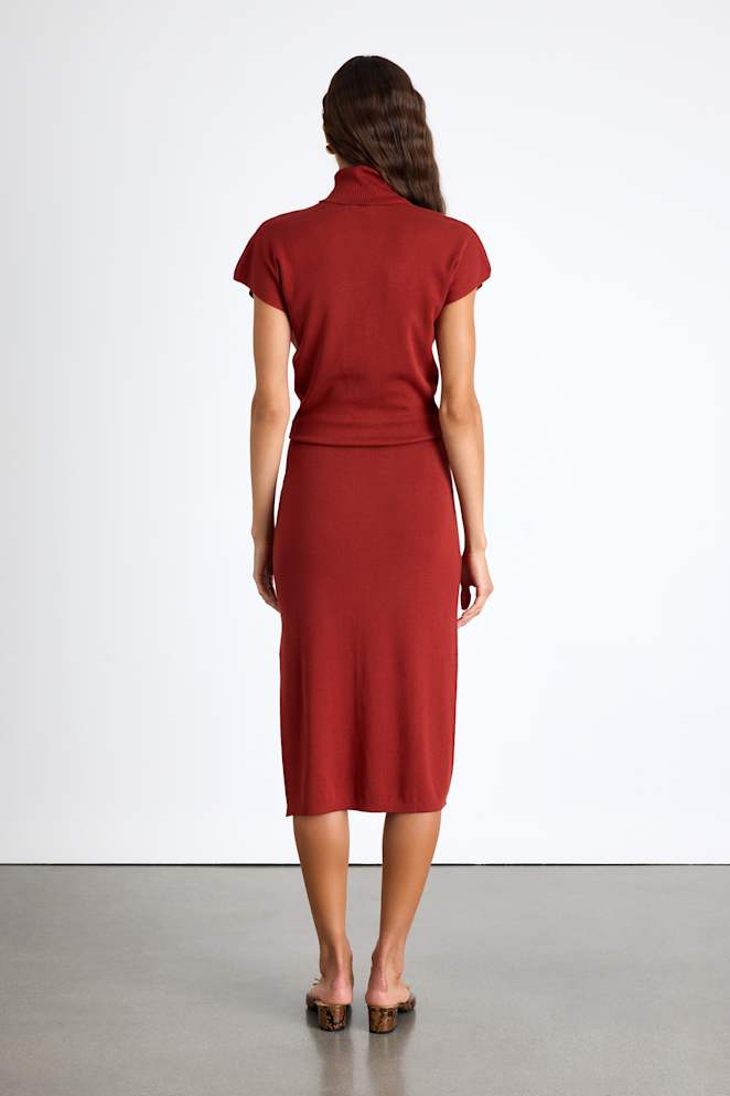 Ashford Rust Red Turtleneck Short Sleeve Sweater Midi Dress