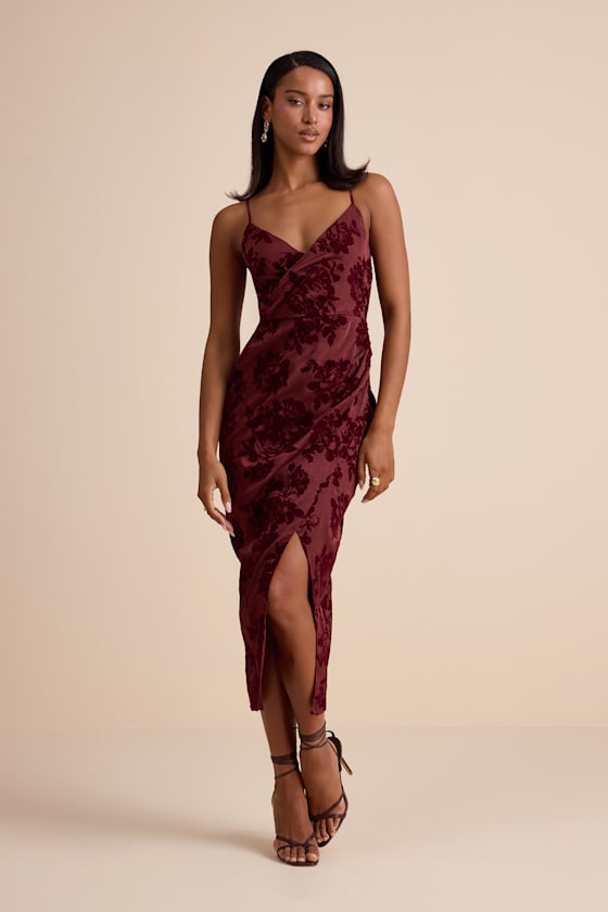 Belden Burgundy Velvet Burnout Surplice Midi Dress 1