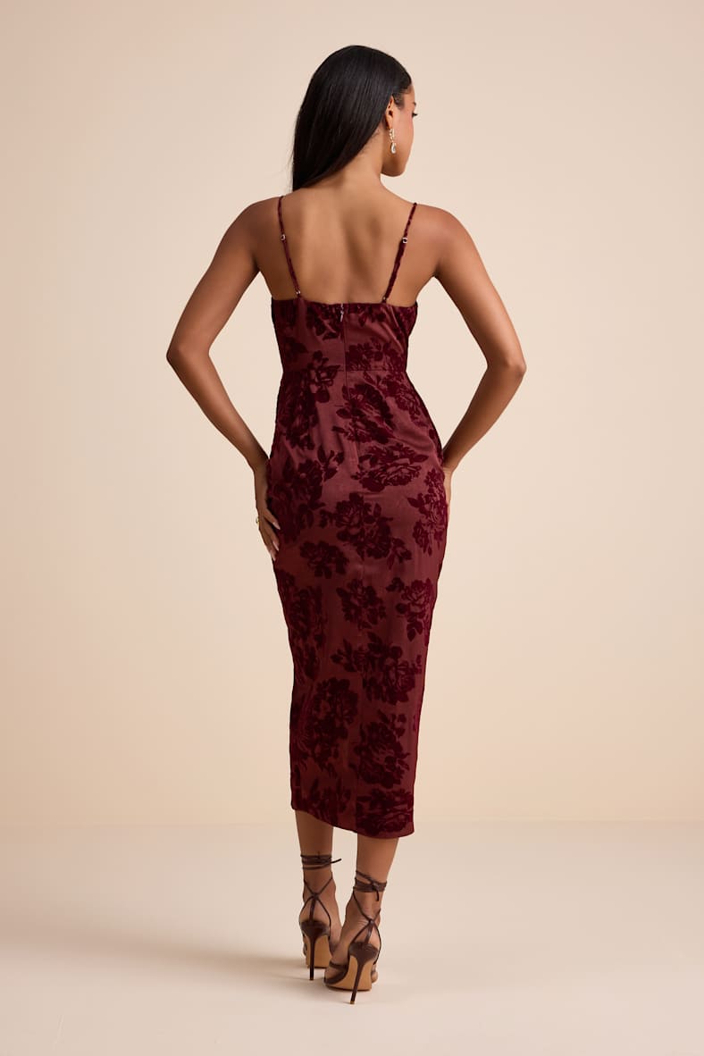 Belden Burgundy Velvet Burnout Surplice Midi Dress